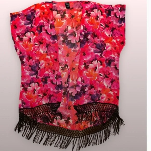 Open Front Floral Fringe Sheer Kimono Colorful Paisley/ Fringe - Picture 3 of 3